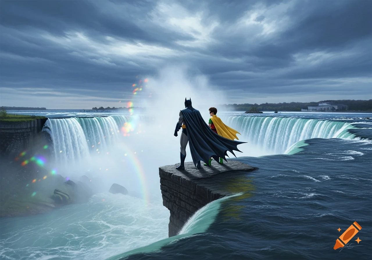 Batman and Robin stand at the edge of Niagara Falls under a stormy sky, with a rainbow visible in the mist.