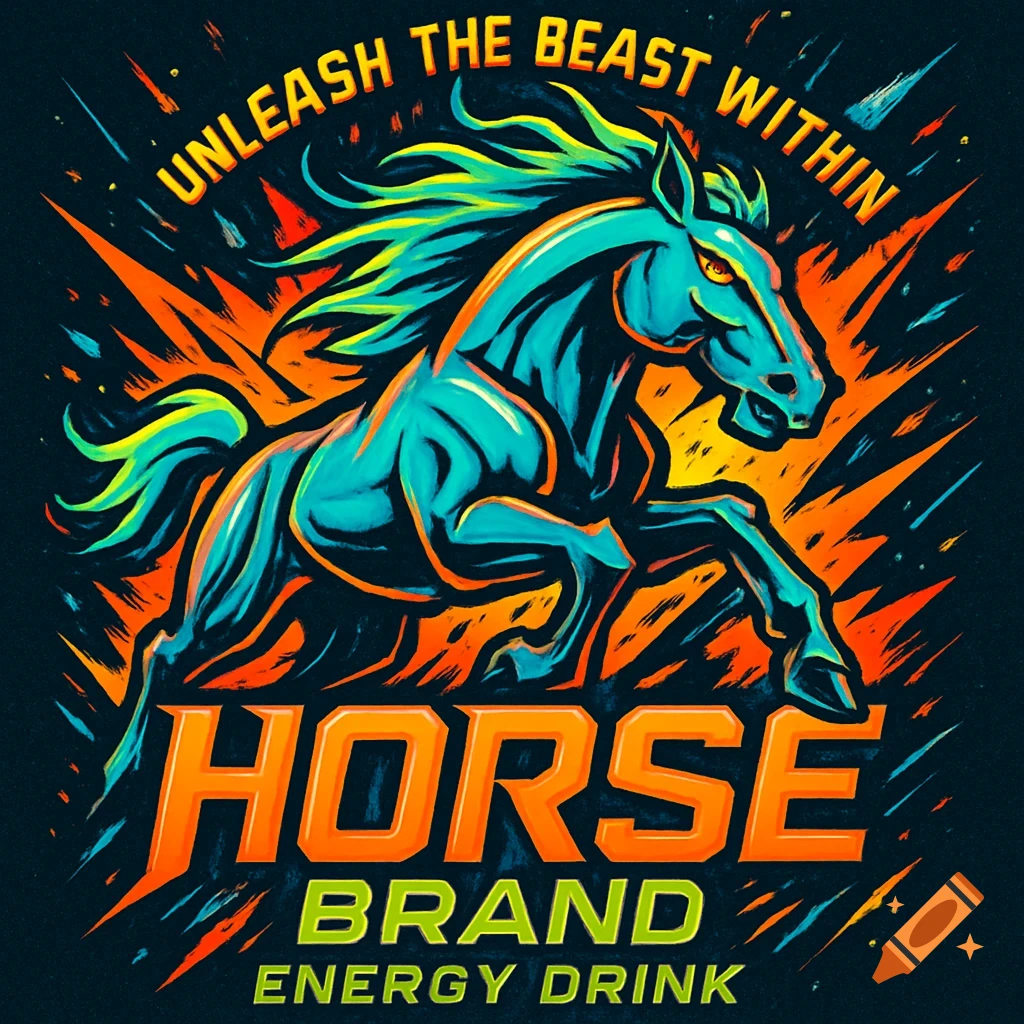 A vibrant, stylized logo features a turquoise horse rearing against an explosive orange background. Text reads 'UNLEASH THE BEAST WITHIN', 'HORSE BRAND ENERGY DRINK'.