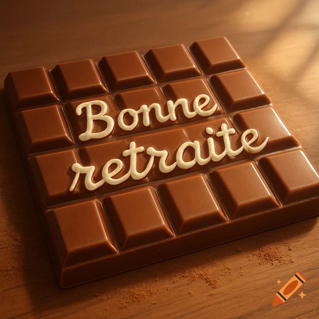 A photorealistic milk chocolate bar with "Bonne retraite" (Happy Retirement) written in white icing, resting on a wooden surface with scattered cocoa powder.
