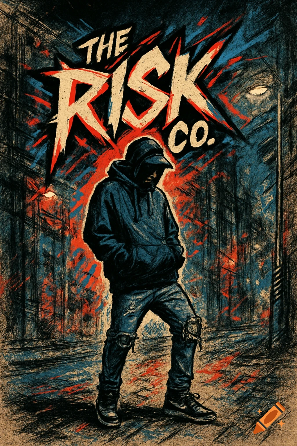 A dark, grunge-style sketch of a person in a hoodie and ripped jeans standing under the text "THE RISK CO." with red and blue background accents.
