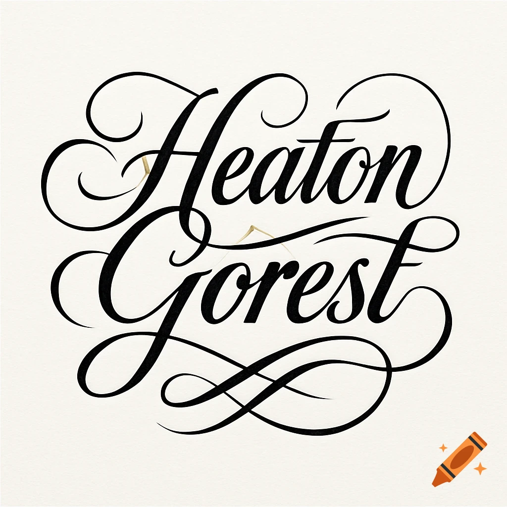 A black calligraphy logo with elaborate swashes spells "Heaton Gorest" on a cream background.