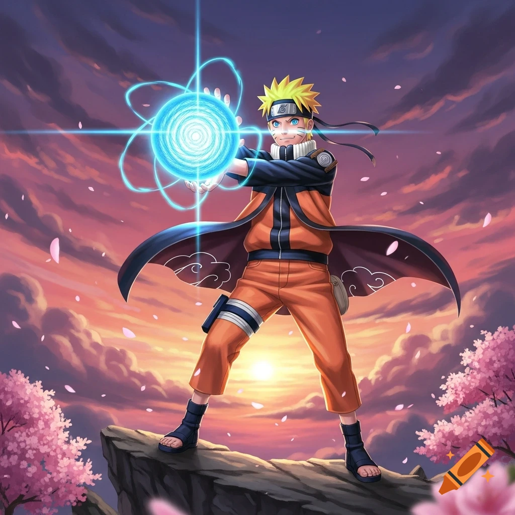 Naruto Uzumaki in his Shippuden outfit stands on a cliff, casting a glowing blue Rasengan against a vibrant sunset sky with cherry blossoms.