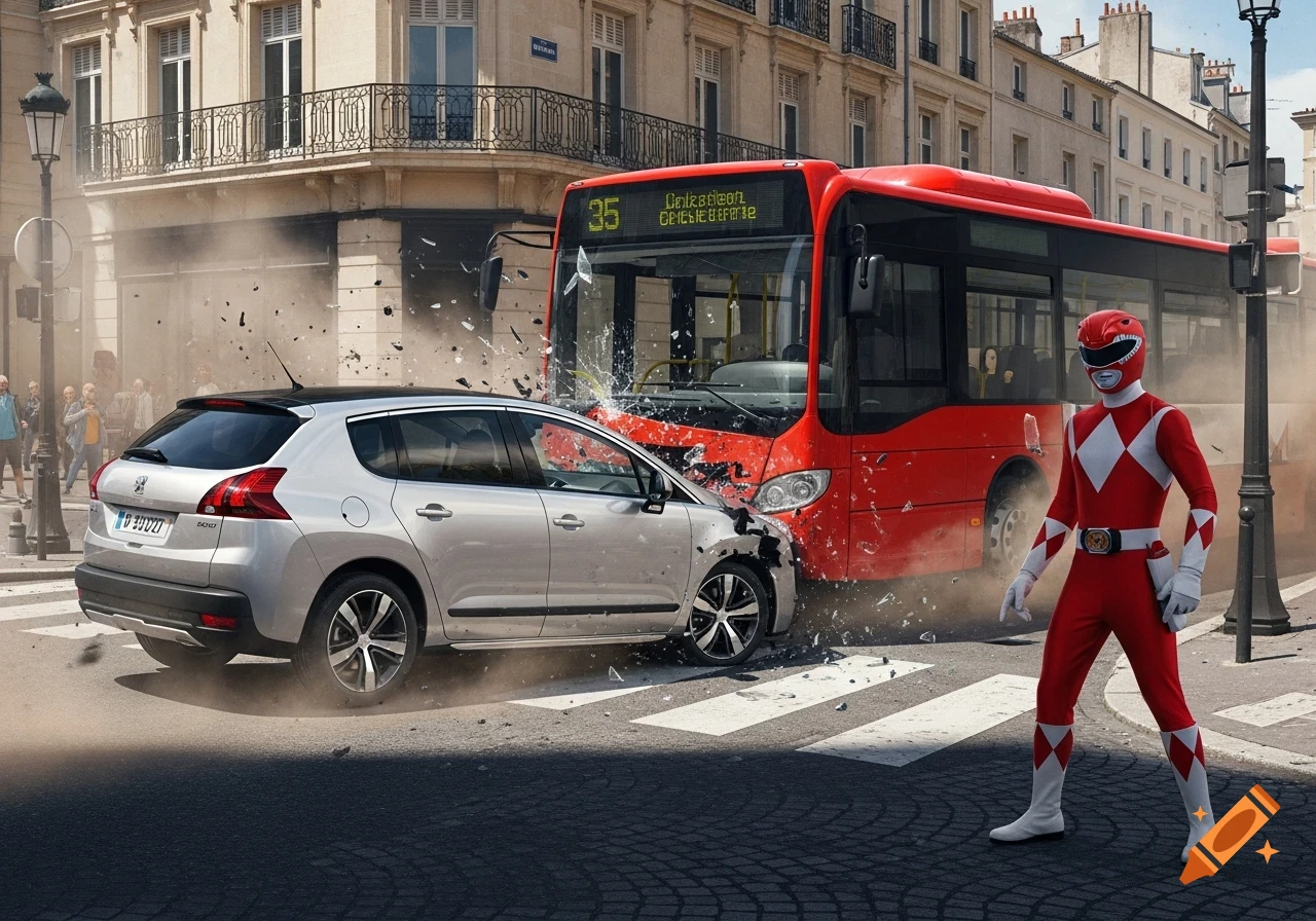 A Red Power Ranger stands near a car and a bus that have collided on a city street, with debris scattered around.