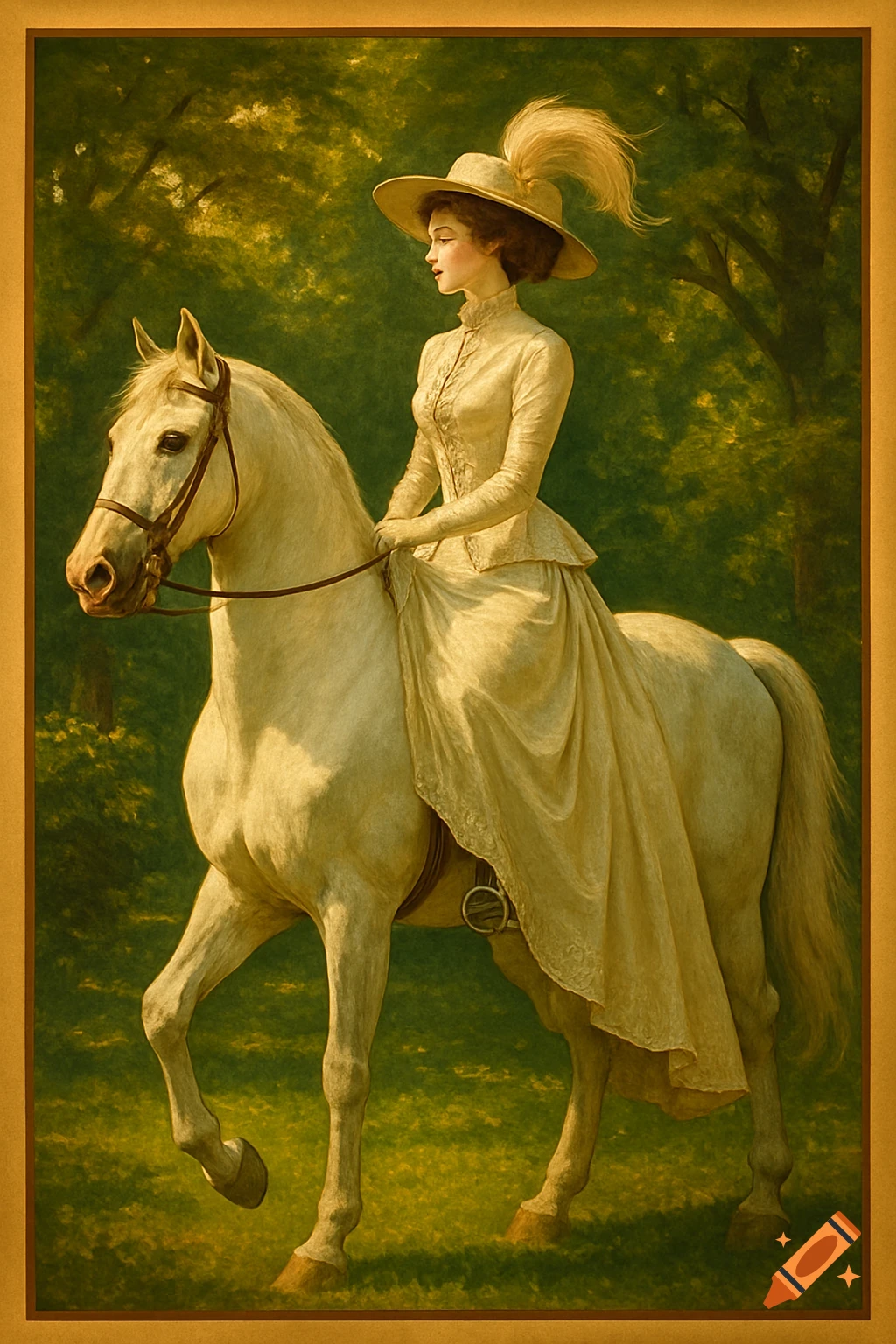 An elegant lady in a light dress rides a white horse side-saddle through a green forest, in a classical painting style.