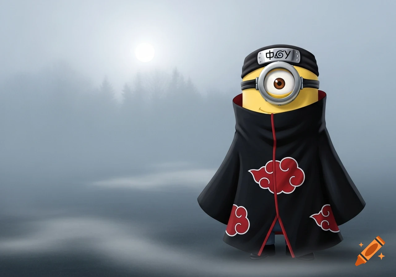 A yellow Minion dressed as an Akatsuki member from Naruto, wearing a black cloak with red clouds and a headband, standing in a misty forest.
