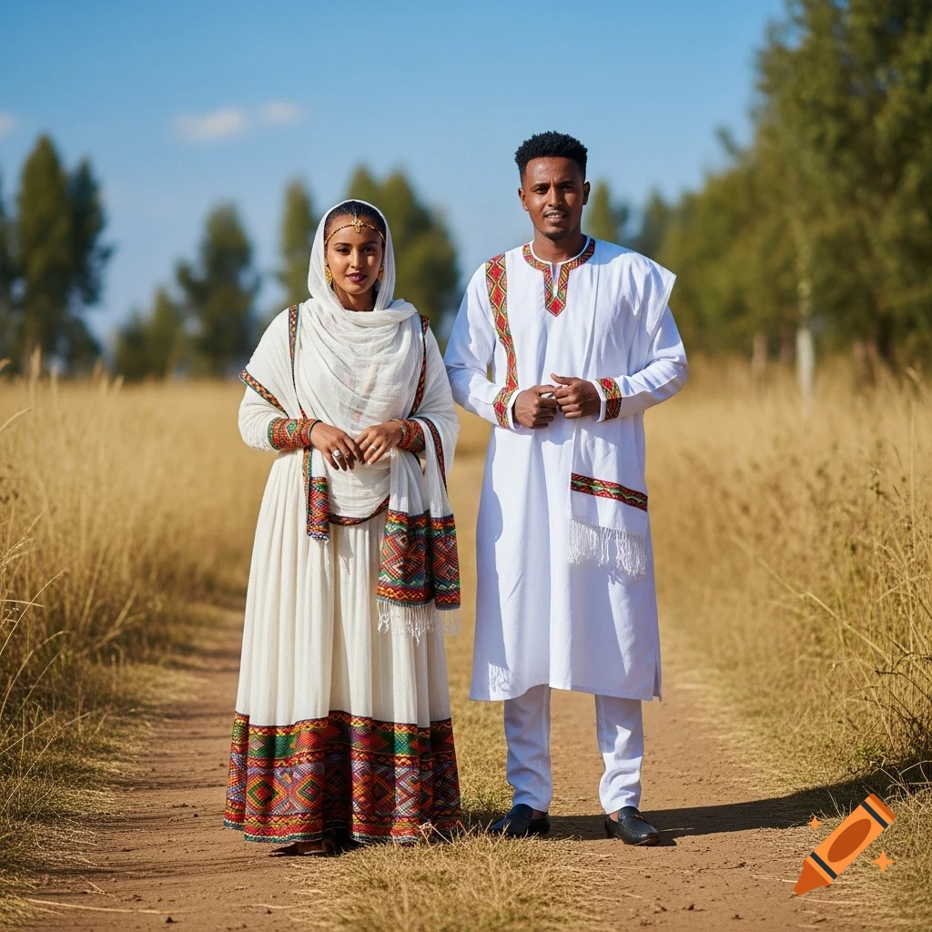 A man and woman in white traditional Ethiopian clothing with woven borders stand on a dirt path in a sunny field.