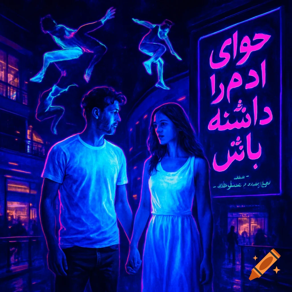A man and woman hold hands in a dark, neon-lit urban scene. Glowing blue figures perform parkour above them, next to a pink Farsi sign.