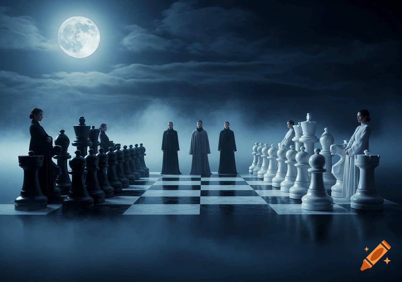 Human figures in black and white robes stand on a chessboard as pieces under a full moon in a foggy, blue night.