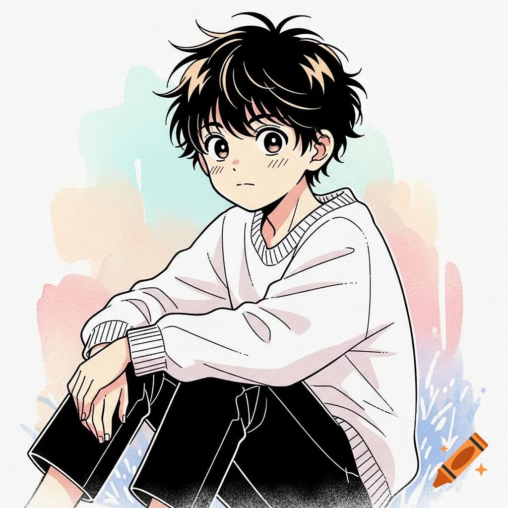 Anime boy with messy black hair, white shirt, and black pants sitting against a soft watercolor background.