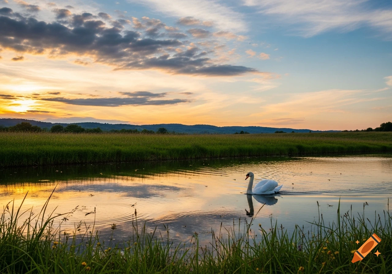 A white swan glides on a serene lake at sunset, reflecting the vibrant sky with orange and blue hues, framed by green grass.