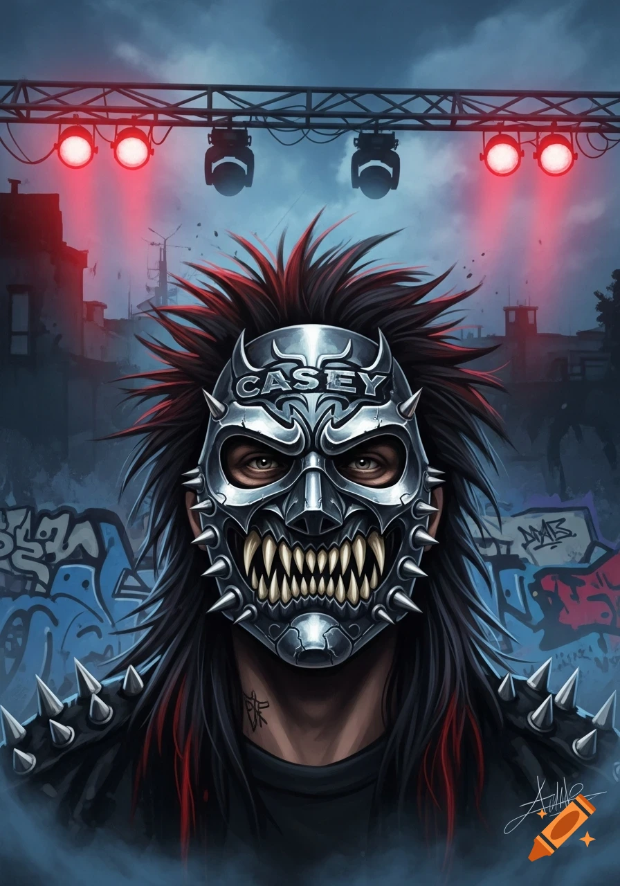 Stylized metalhead in a spiked, fanged mask with 'CASEY' on it, spiky hair, against a gritty urban background with red stage lights.