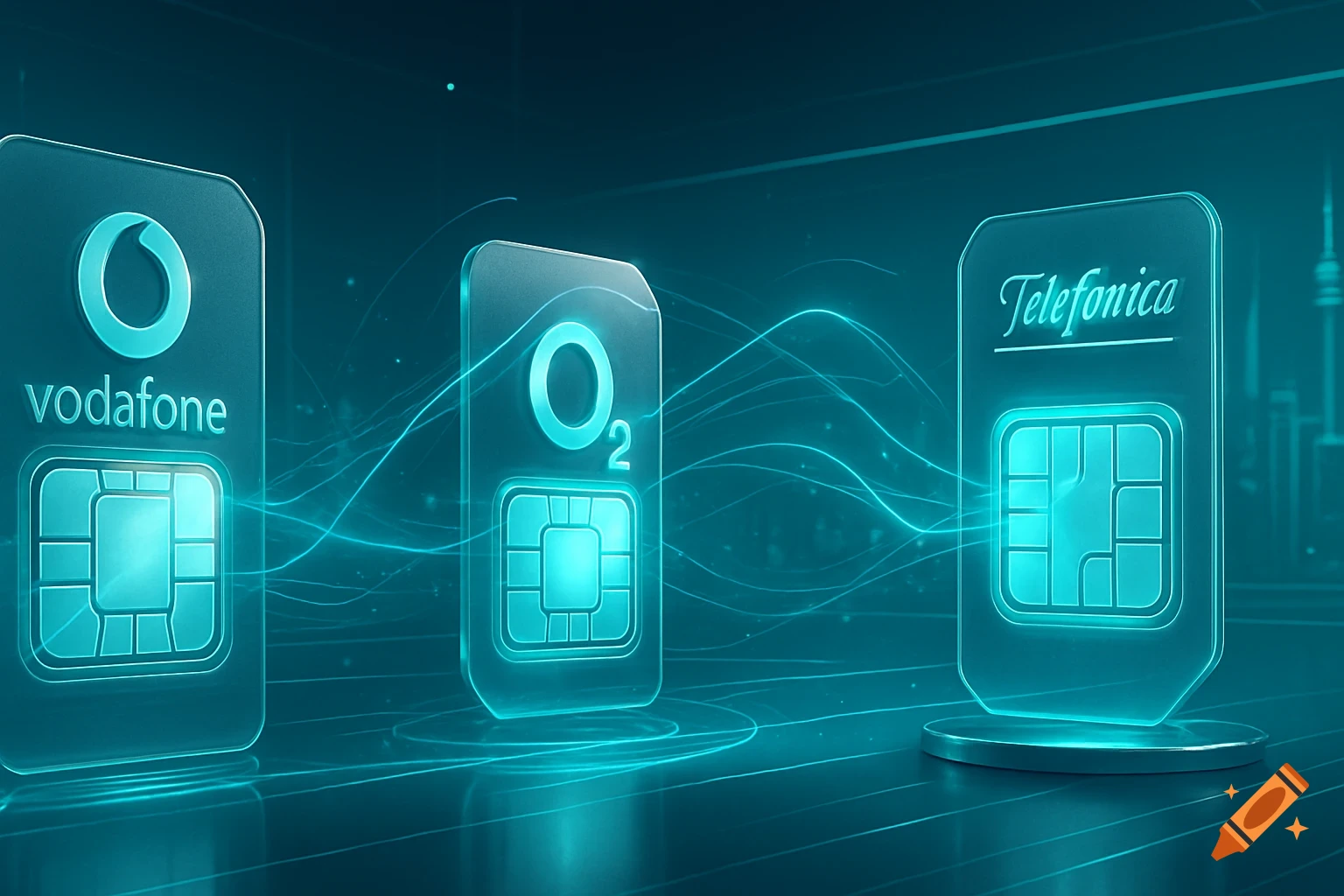 Three glowing, transparent SIM cards with Vodafone, O2, and Telefonica logos connected by neon light trails in a futuristic, dark tech environment with a city silhouette background.