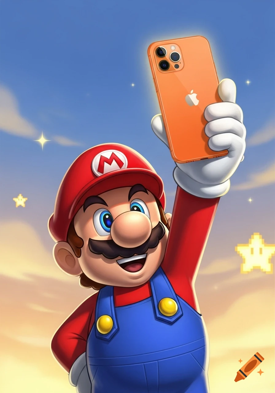 Super Mario, the iconic video game character, smiles happily while holding up an orange iPhone against a bright, cloudy sky with pixel stars.