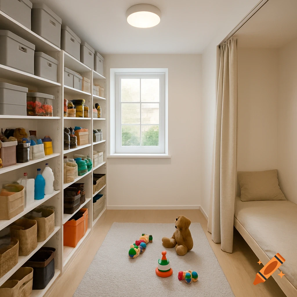 A bright, organized storage room with floor-to-ceiling shelves, a window, a small bed behind a curtain, and toys on a rug.
