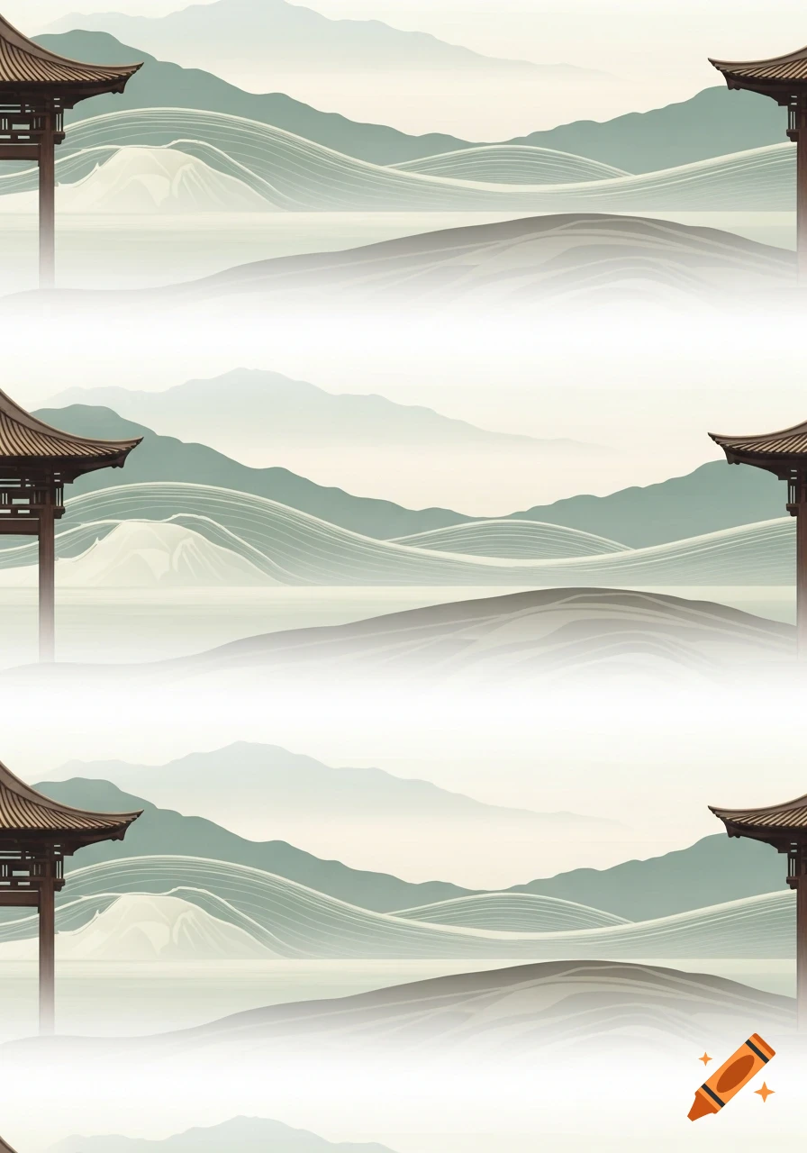 Minimalist Asian landscape with misty mountains and traditional pagoda-like structures in soft, harmonious tones.