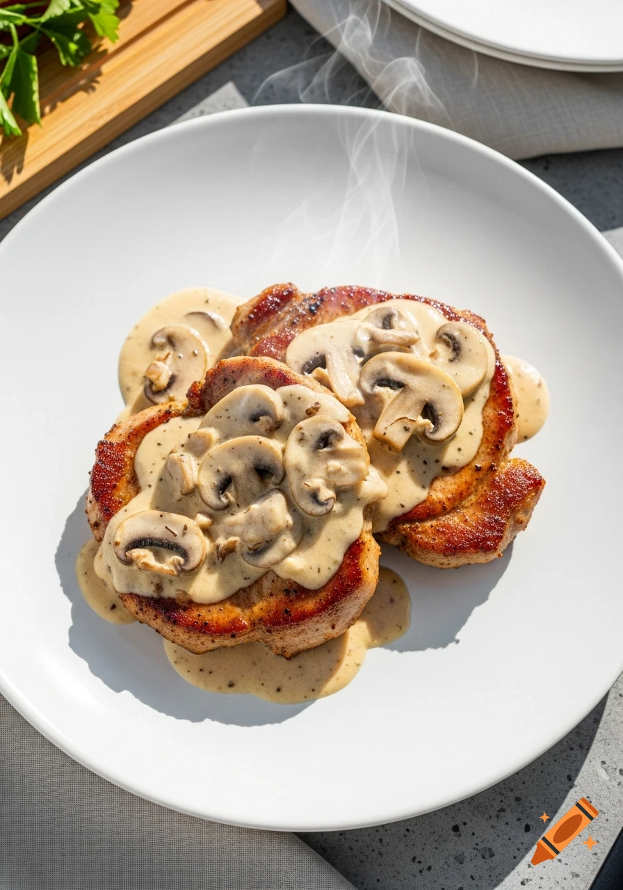 Steaming pork chops topped with creamy mushroom sauce on a white plate, in photorealistic food photography style.