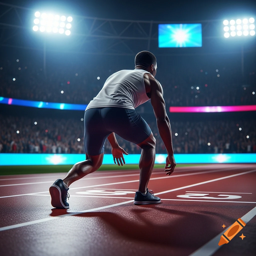 A male runner crouches in a starting position on a red track inside a brightly lit stadium filled with spectators.