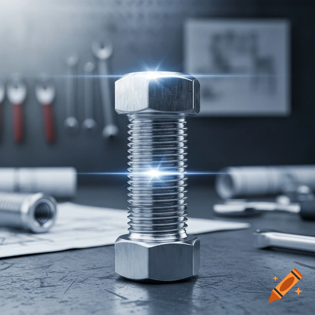 Large, shiny metallic bolt standing upright on a metal surface in a workshop, with blurred tools and blueprints in the background.