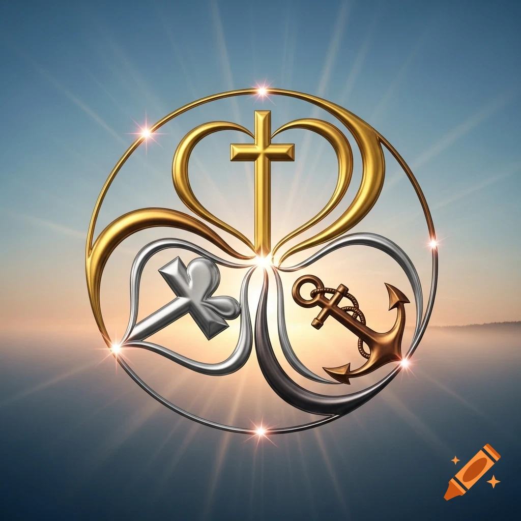 Ornate golden cross, silver heart, and bronze anchor intertwined in a circular design against a radiant sunrise sky.
