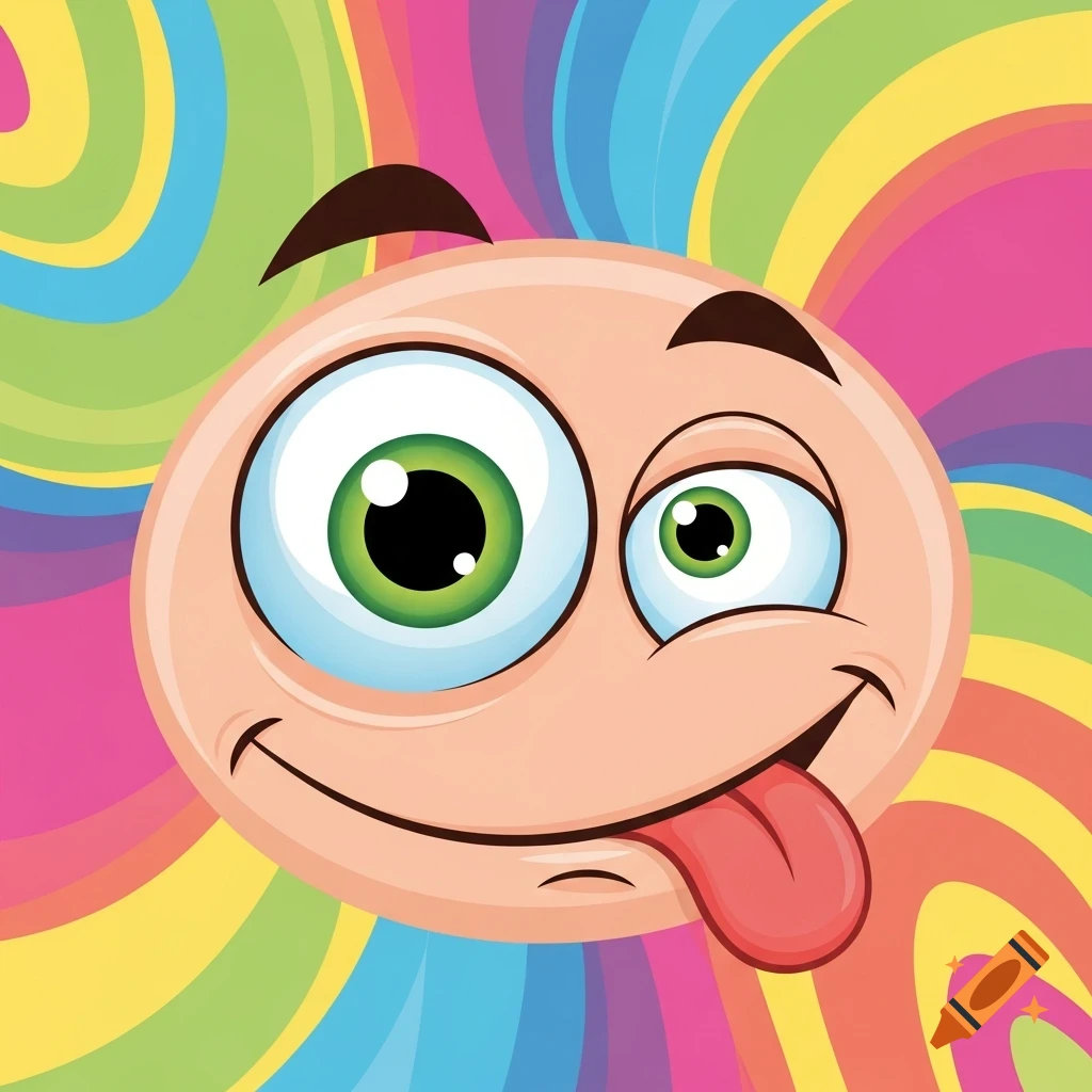 A goofy cartoon face with mismatched eyes, one large and one small, a tongue sticking out, and crooked eyebrows, on a colorful swirling background.