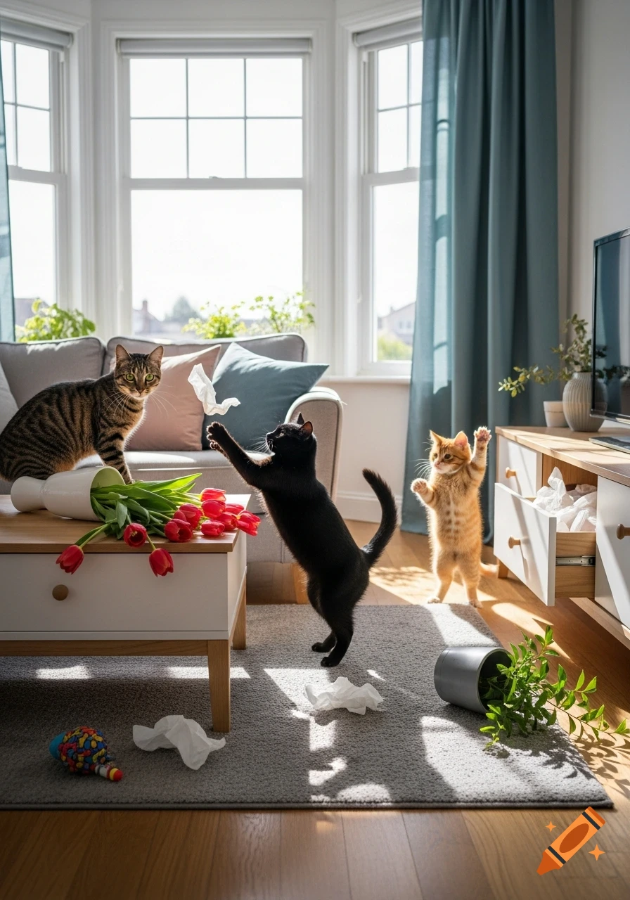 Three cats creating a mess in a sunny living room, with a knocked-over vase of tulips and scattered tissues.