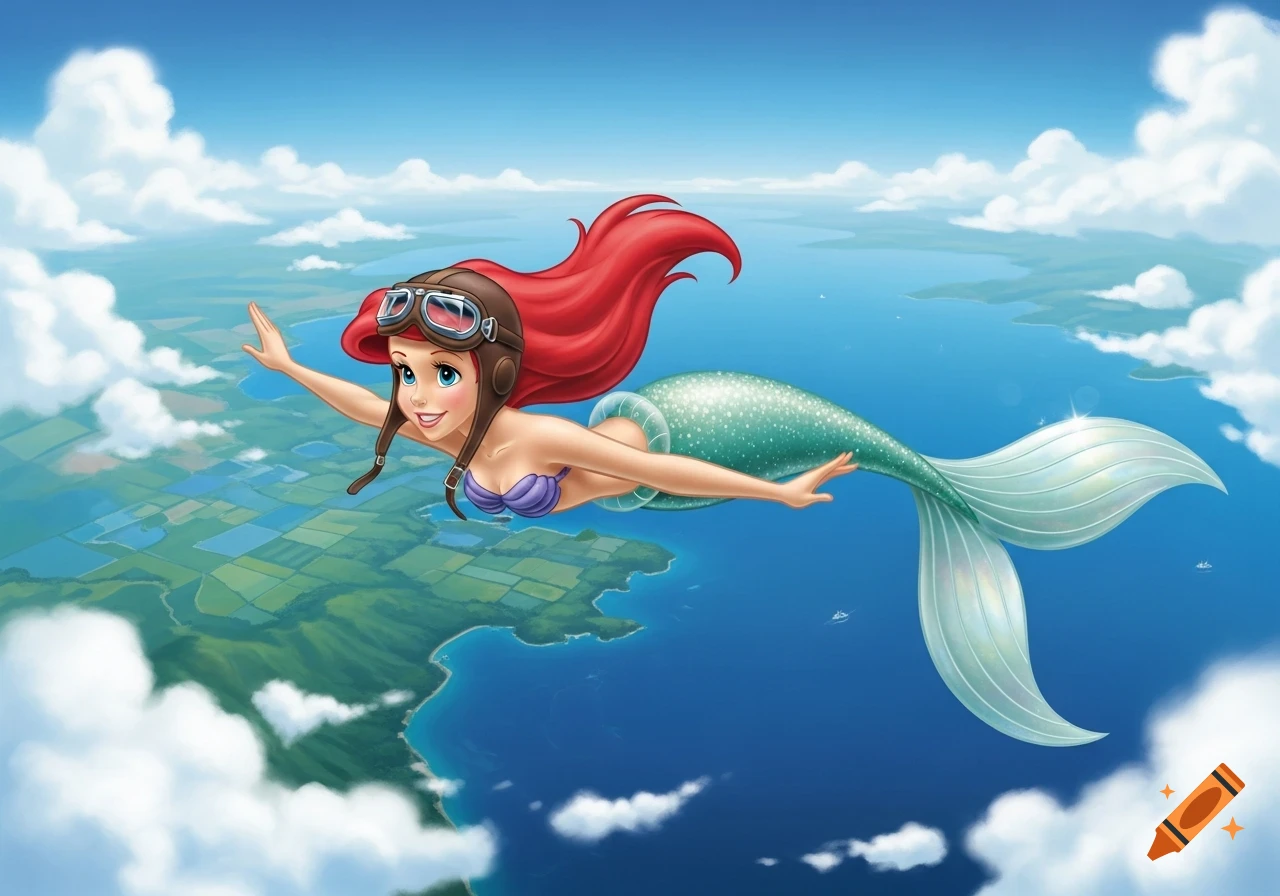 Ariel, the mermaid, wearing aviator goggles, smiles while flying high above a blue ocean and green land with clouds.