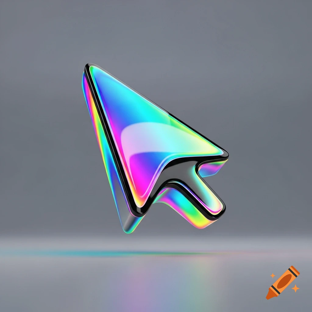 A modern, colorful, iridescent 3D mouse pointer icon with a black ...