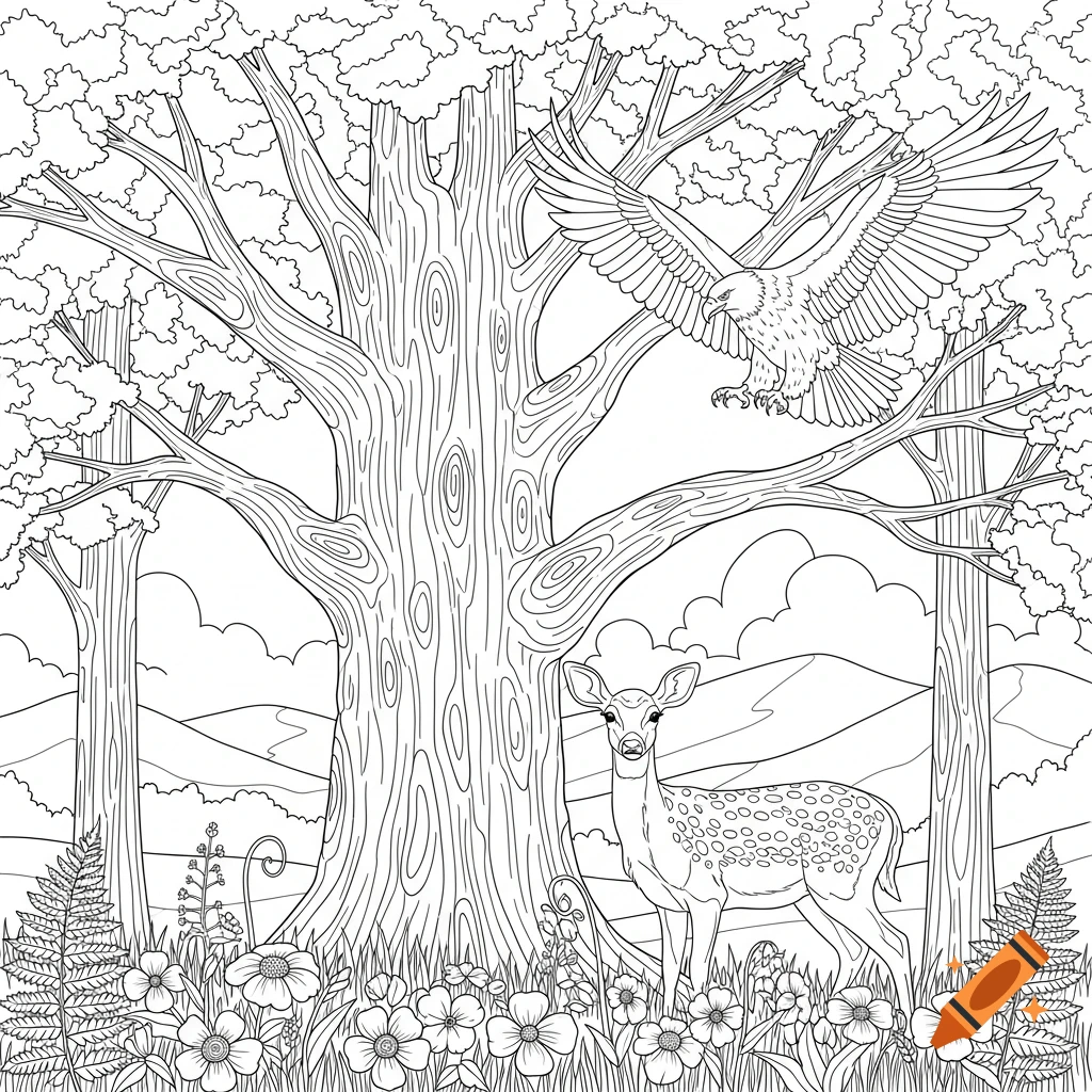 Line art coloring page of a forest scene with a large tree, a deer, an eagle flying, and flowers.