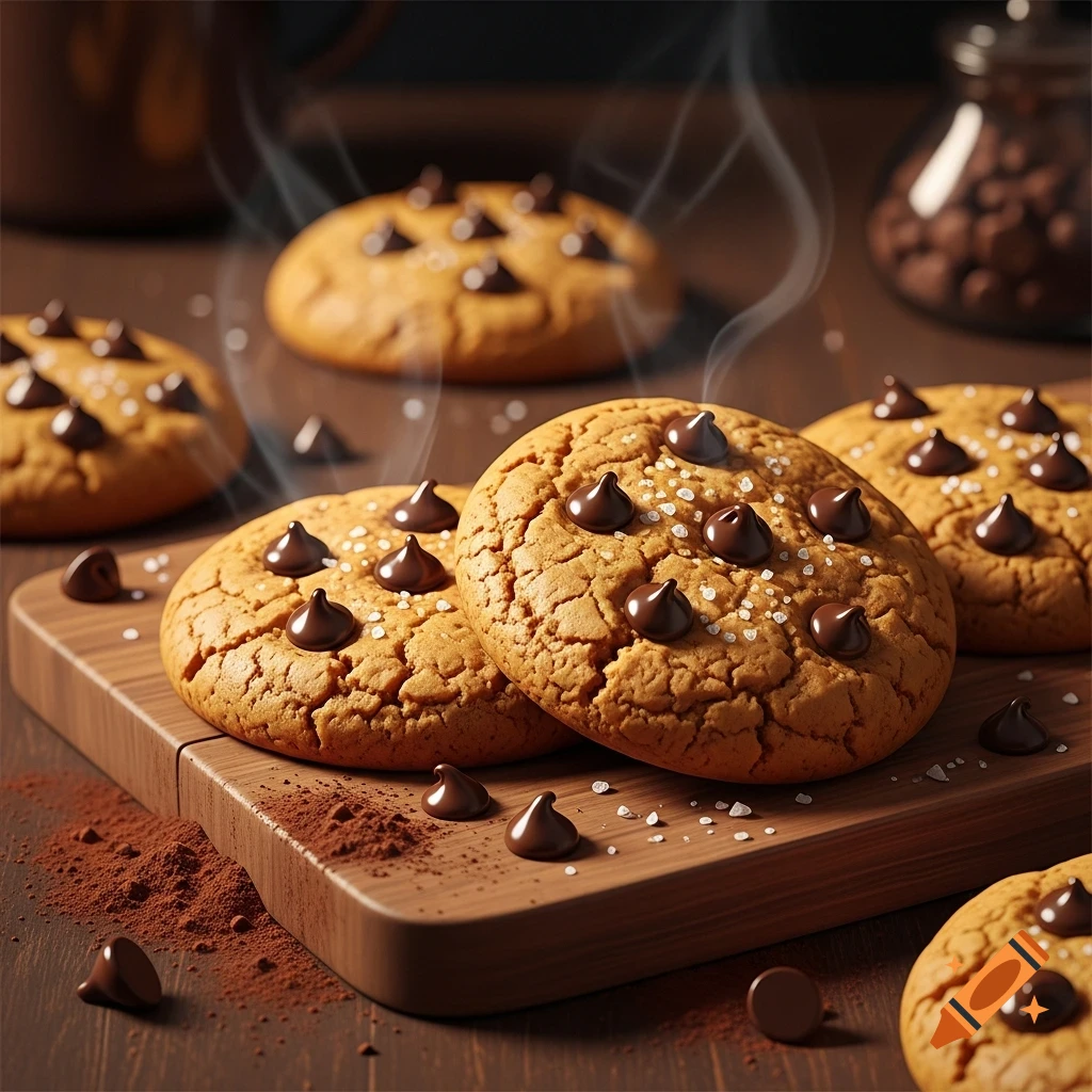 Close-up of freshly baked chocolate chip cookies with sea salt on a wooden board, with steam rising and cocoa powder.