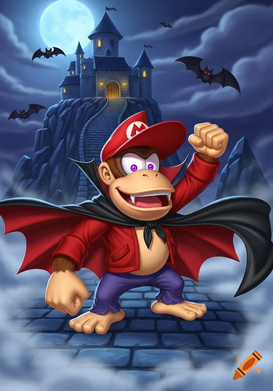 Diddy Kong as a vampire, wearing a red jacket and cape, Mario cap, fangs, and purple eyes, raising a fist in front of a spooky castle under a full moon in a cartoon style.