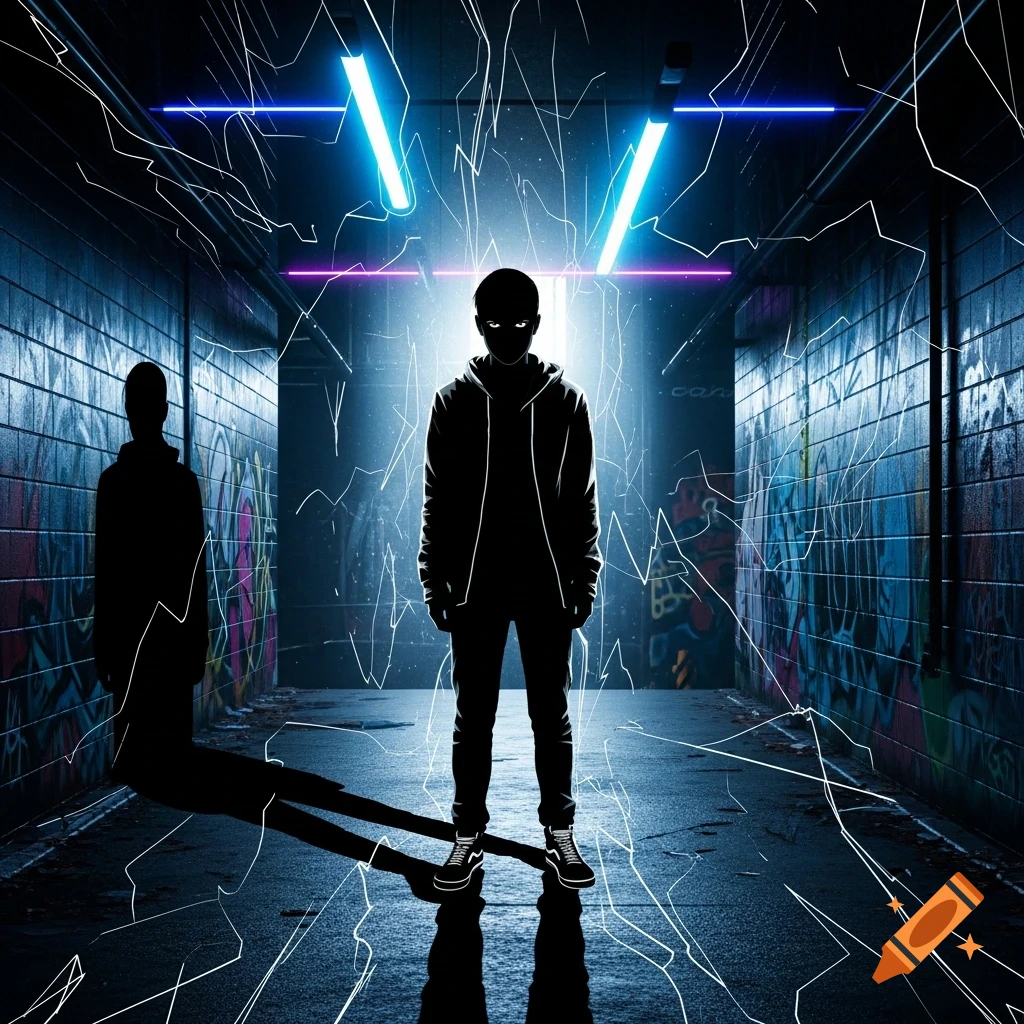 A dark, conceptual image of a lone silhouette with glowing eyes standing in a neon-lit, graffiti-covered alleyway, surrounded by energy lines.