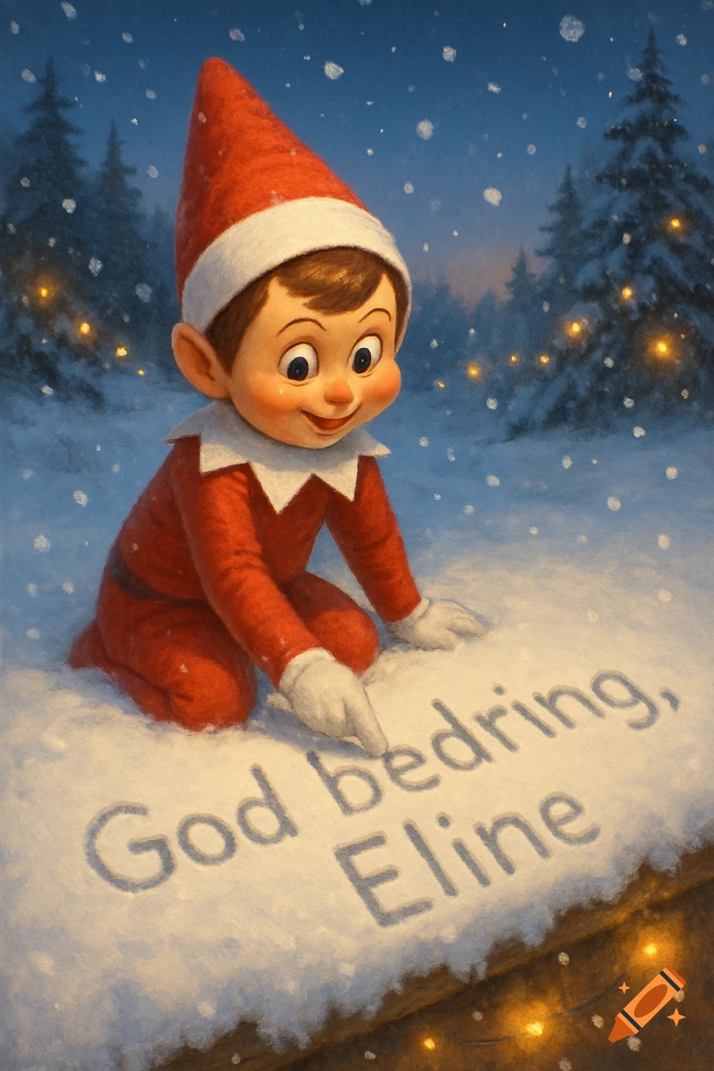 An Elf on the Shelf character kneels in fresh snow in a winter forest, writing "God bedring, Eline" with a finger. Snow falls softly at night.
