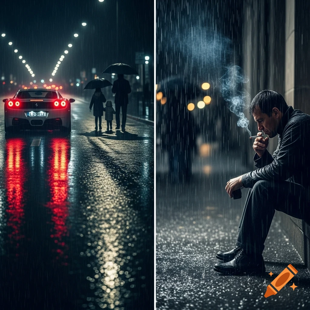 A man sits smoking in heavy rain, with a wet street reflecting a sports car and a family walking under umbrellas in the background. Dark, moody scene.