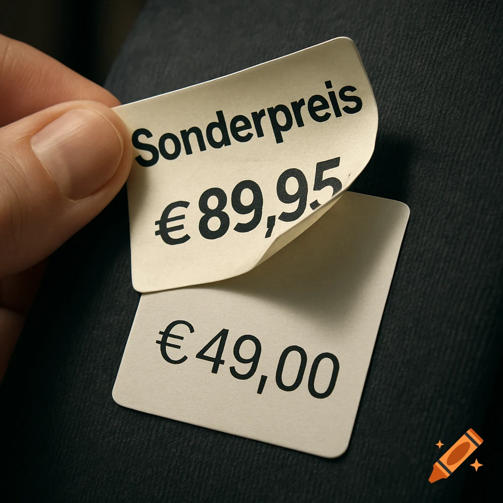A hand peels back a price tag displaying "Sonderpreis €89,95" to reveal an original tag underneath with "€49,00".