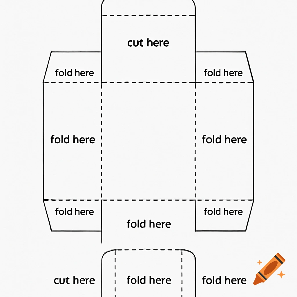 A flat printable papercraft template of a rectangular box net with fold and cut lines, labeled on a white background.