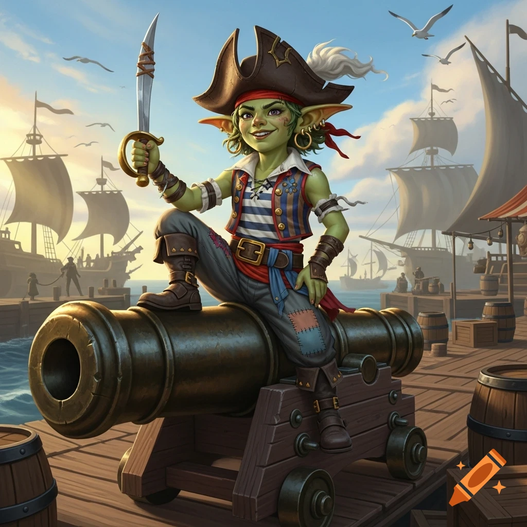 A cheerful green goblin pirate in a tricorn hat and striped shirt sits on a cannon, holding a sword on a dock with ships in the background.