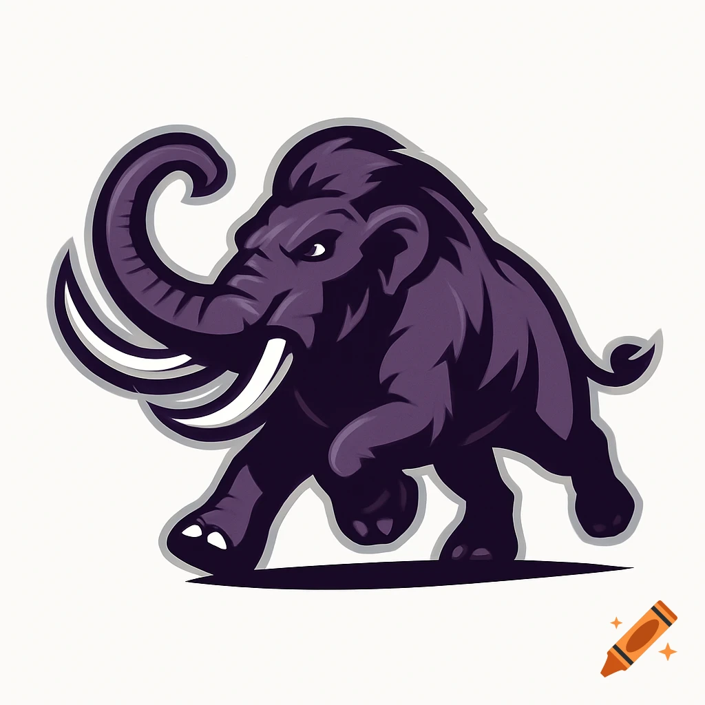 An angry dark purple and white mastodon logo with a gray outline, running with its trunk curled up.