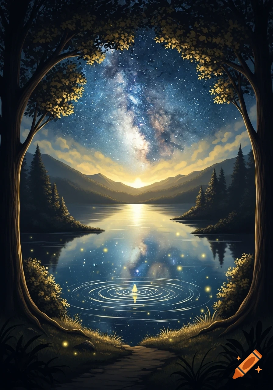 Stylized landscape of a lake reflecting a starry night sky and sunset, framed by trees, with mountains and ripples in the foreground.