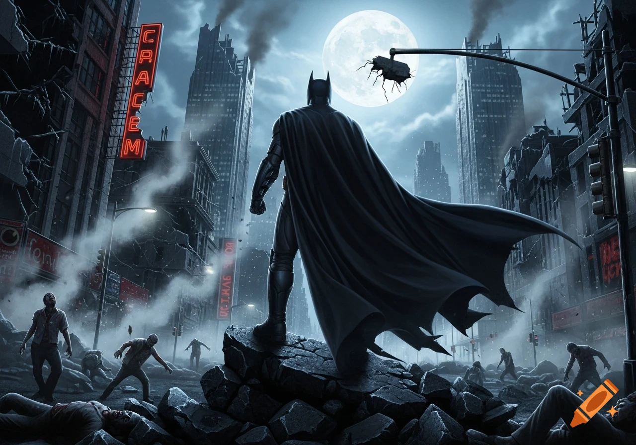 Batman stands on rubble overlooking a devastated city filled with zombies under a full moon, in a dark, stylized comic book art style.
