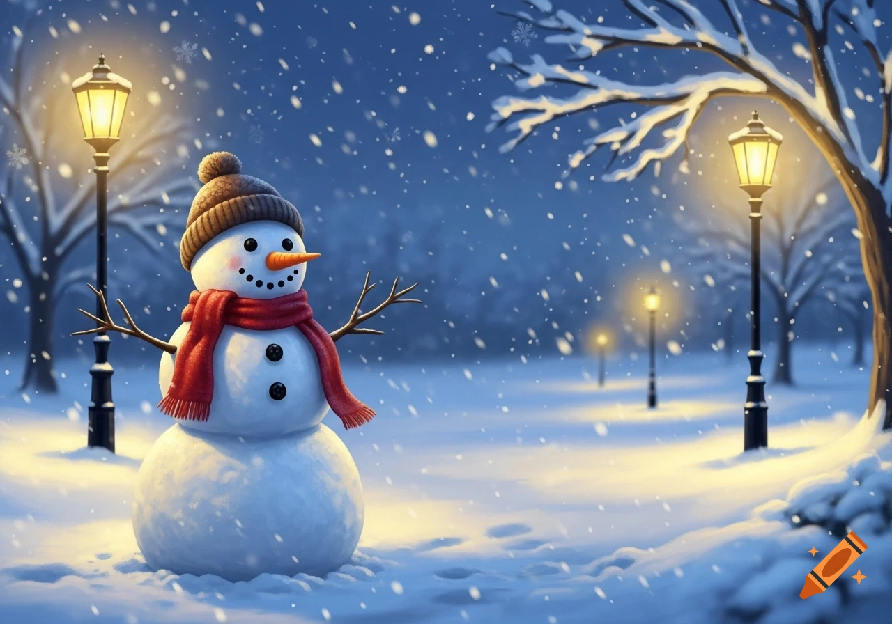 A cheerful snowman wearing a hat and red scarf stands in a snowy park at night, illuminated by glowing streetlights as snowflakes fall.