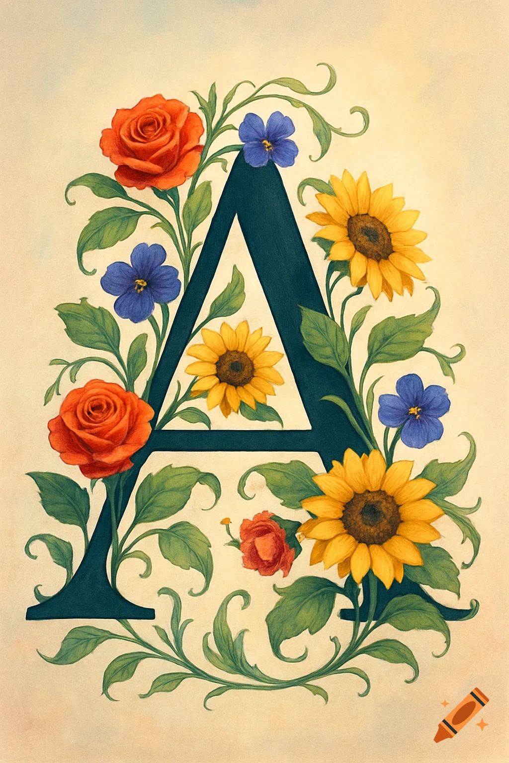 A dark blue capital letter 'A' adorned with vibrant red roses, yellow sunflowers, and blue pansies on a light, textured background, in a detailed illustrative style.