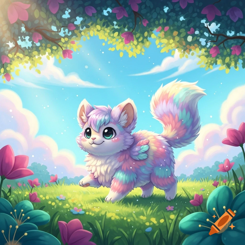 A fluffy, rainbow-colored fantasy creature with big eyes walks through a vibrant green field with pink flowers under a blue sky, cartoon style.