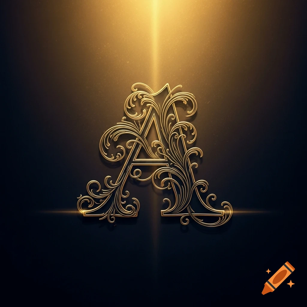 Ornate golden letter A on a dark background with a bright light from above.