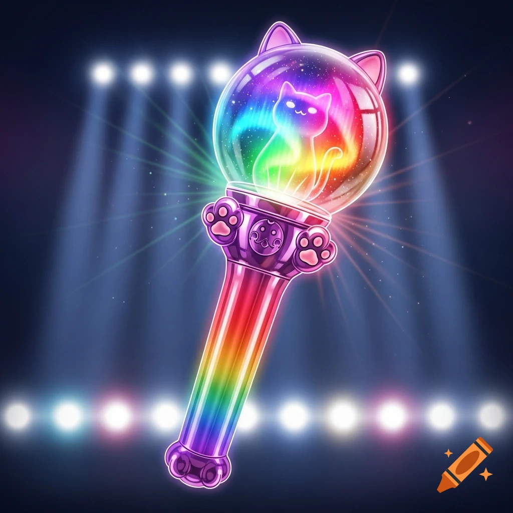 A vibrant rainbow K-pop lightstick with a glowing cat in a clear globe, surrounded by spotlights.