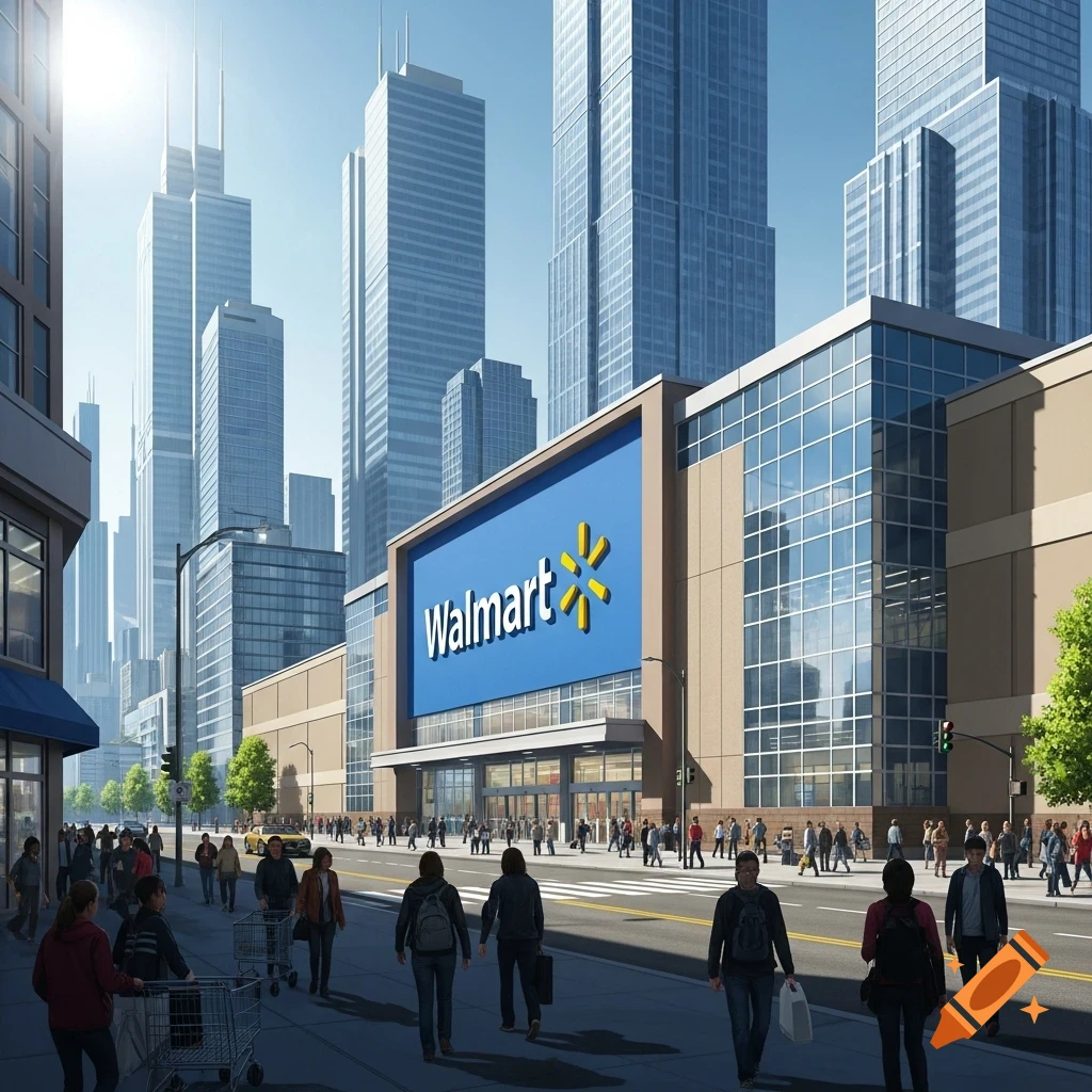 A modern Walmart store with a large blue sign and its logo, situated on a busy city street with towering skyscrapers under a clear sky.