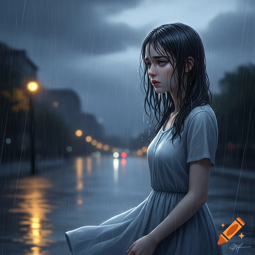 A sad girl with wet dark hair cries in the rain on a dimly lit city street at night, with blurred streetlights in the background.