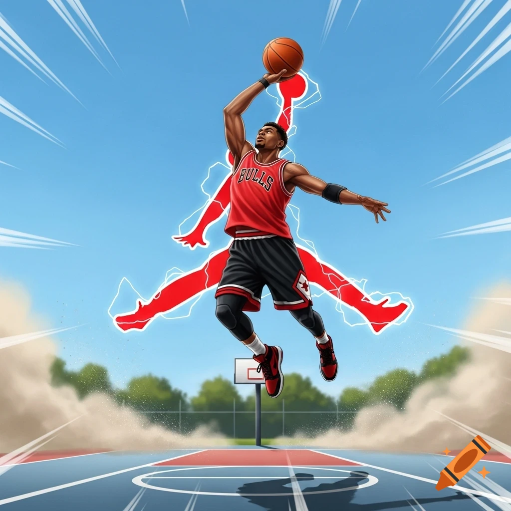 Cartoon illustration of a basketball player in a red uniform dunking, with a red Jordan symbol silhouette behind, on a court.