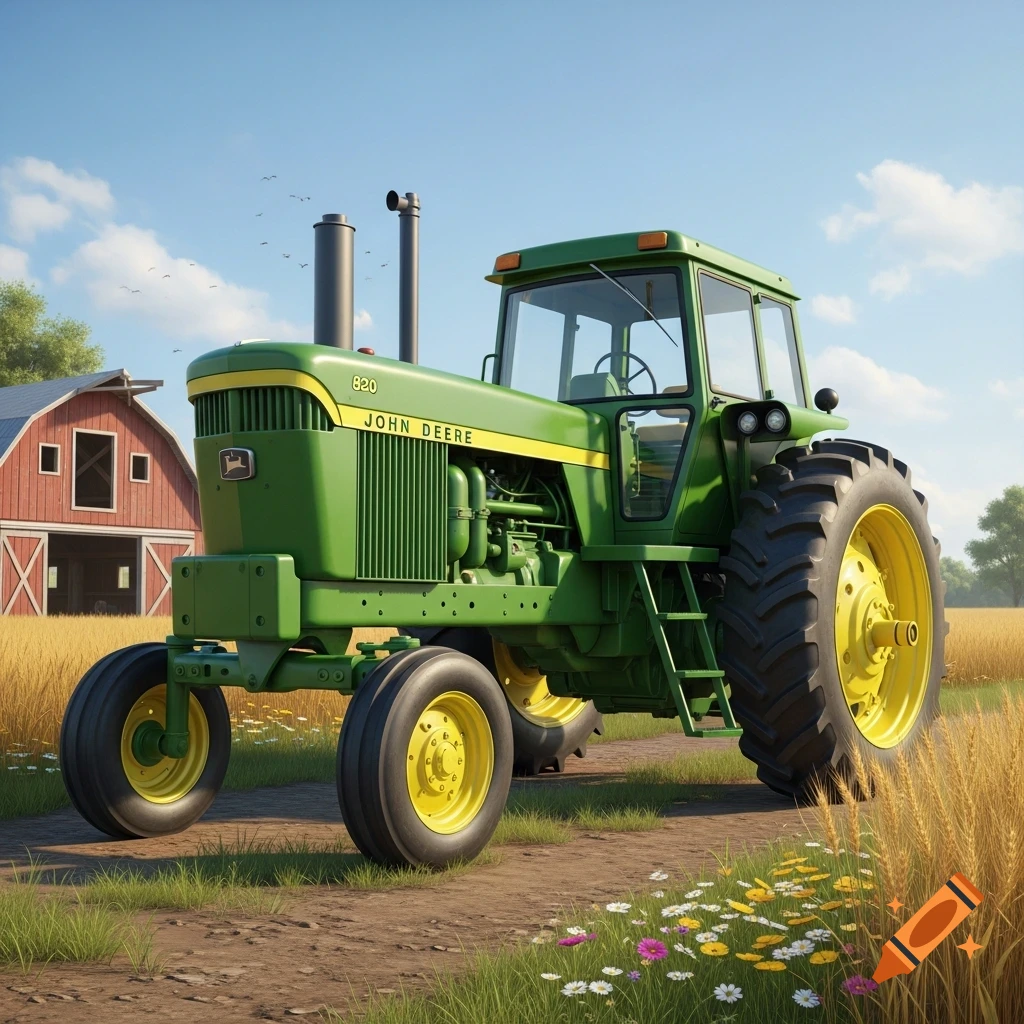 A green John Deere tractor with yellow wheels sits on a dirt path in a farm field, with a red barn and trees in the background under a blue sky.