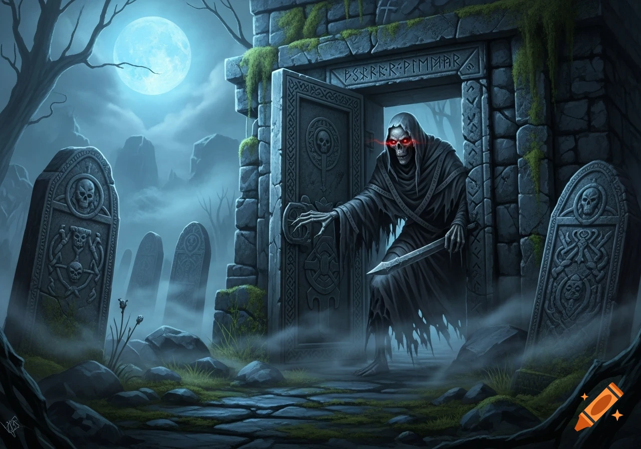 A skeletal figure with glowing red eyes, draped in black robes, emerges from a mossy stone tomb in a foggy graveyard under a blue full moon. Dark fantasy art.