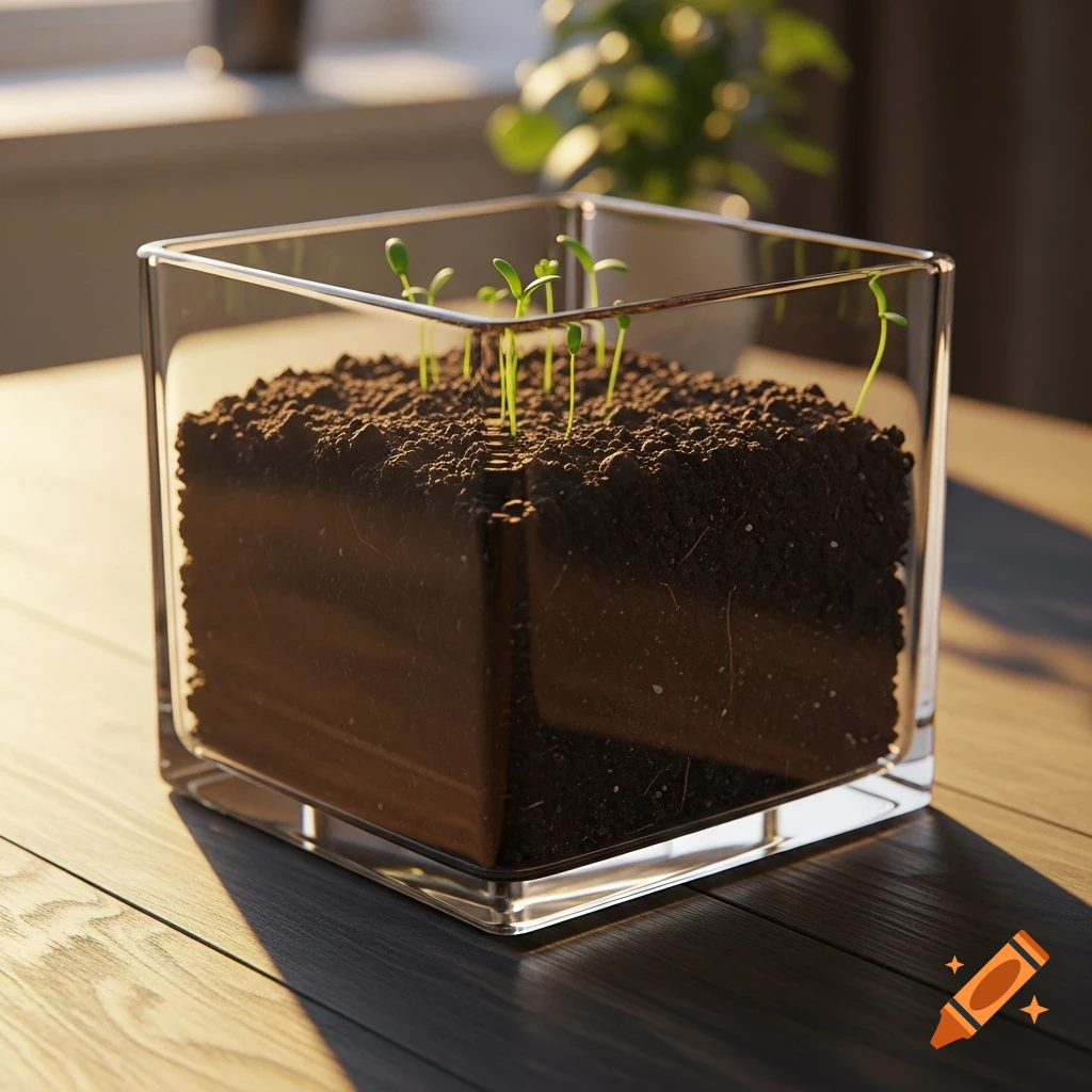 Close-up of small green seedlings growing in rich dark soil inside a clear square glass container on a wooden table, lit by sunlight.